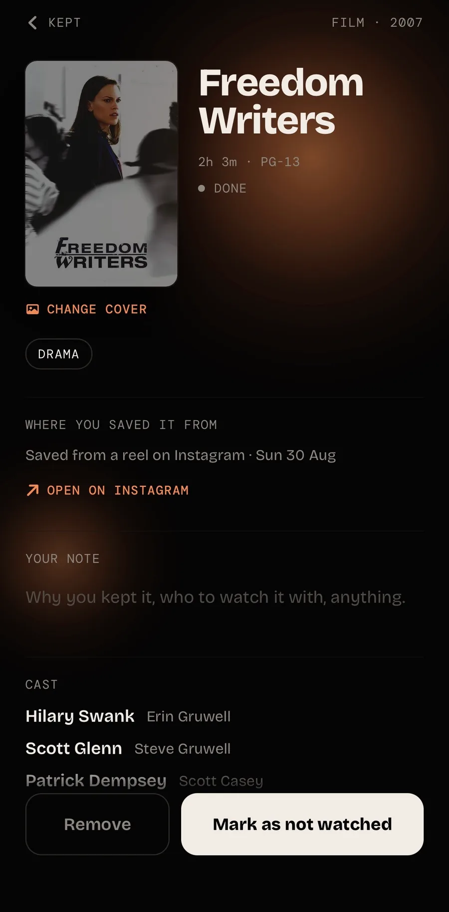 The UnMiss item page for Freedom Writers: poster, runtime, cast, a personal note field and a link back to Instagram.